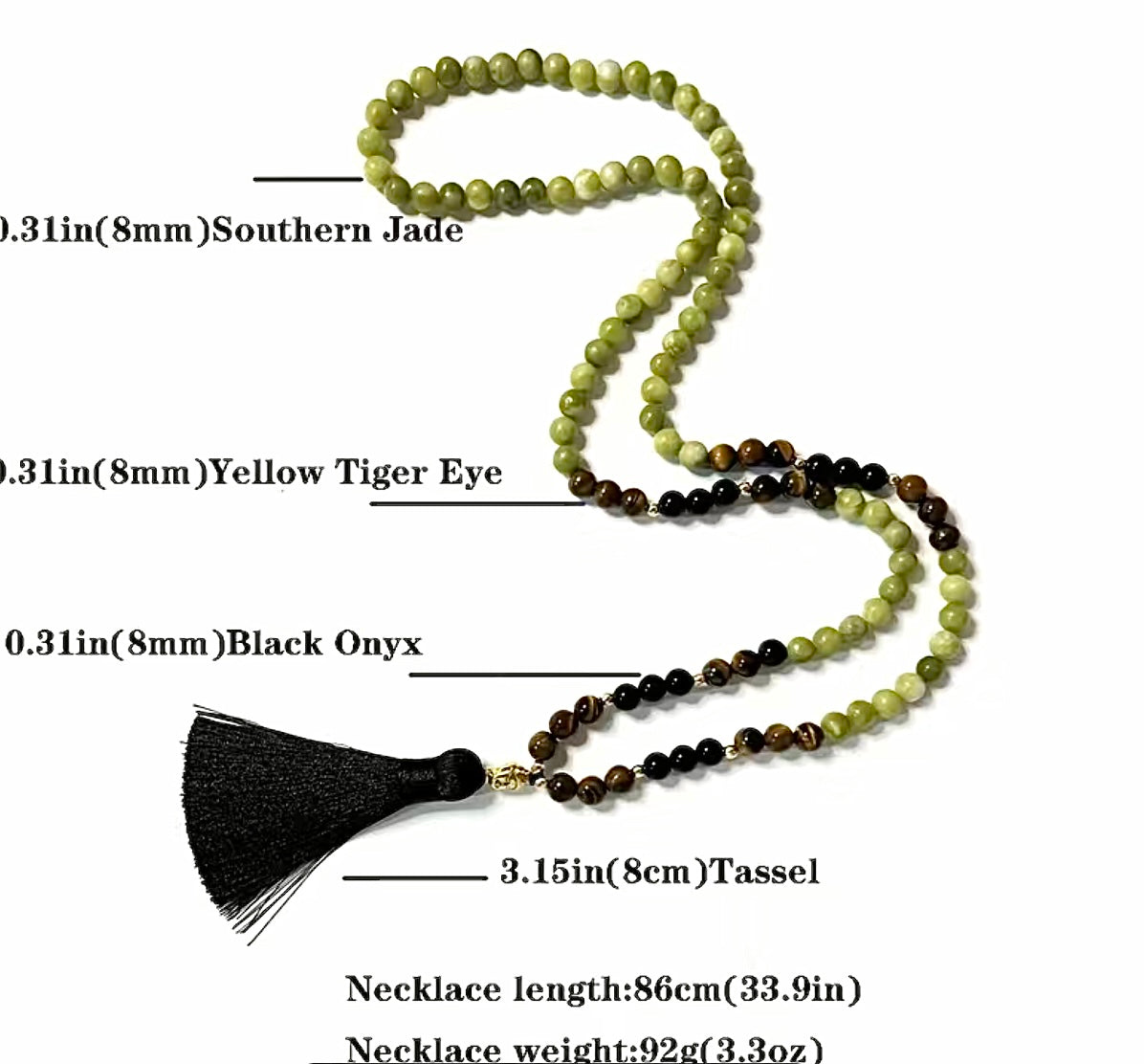 Black Onyx and Jade  Mala Bead Necklace