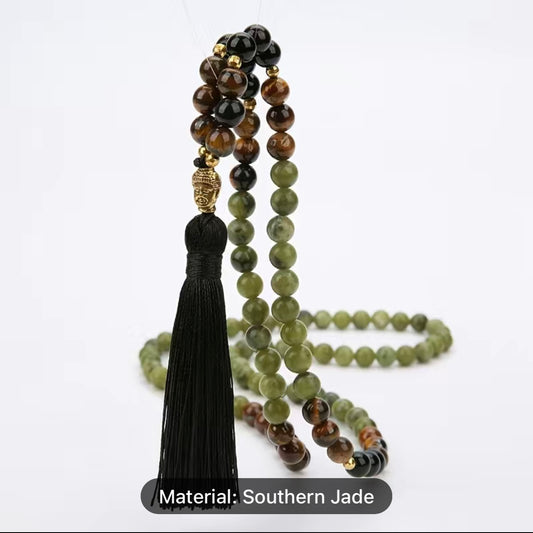 Black Onyx and Jade  Mala Bead Necklace