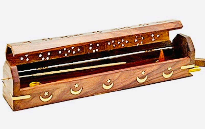 Moon & Star Wooden Incense Box Burner - 12"L