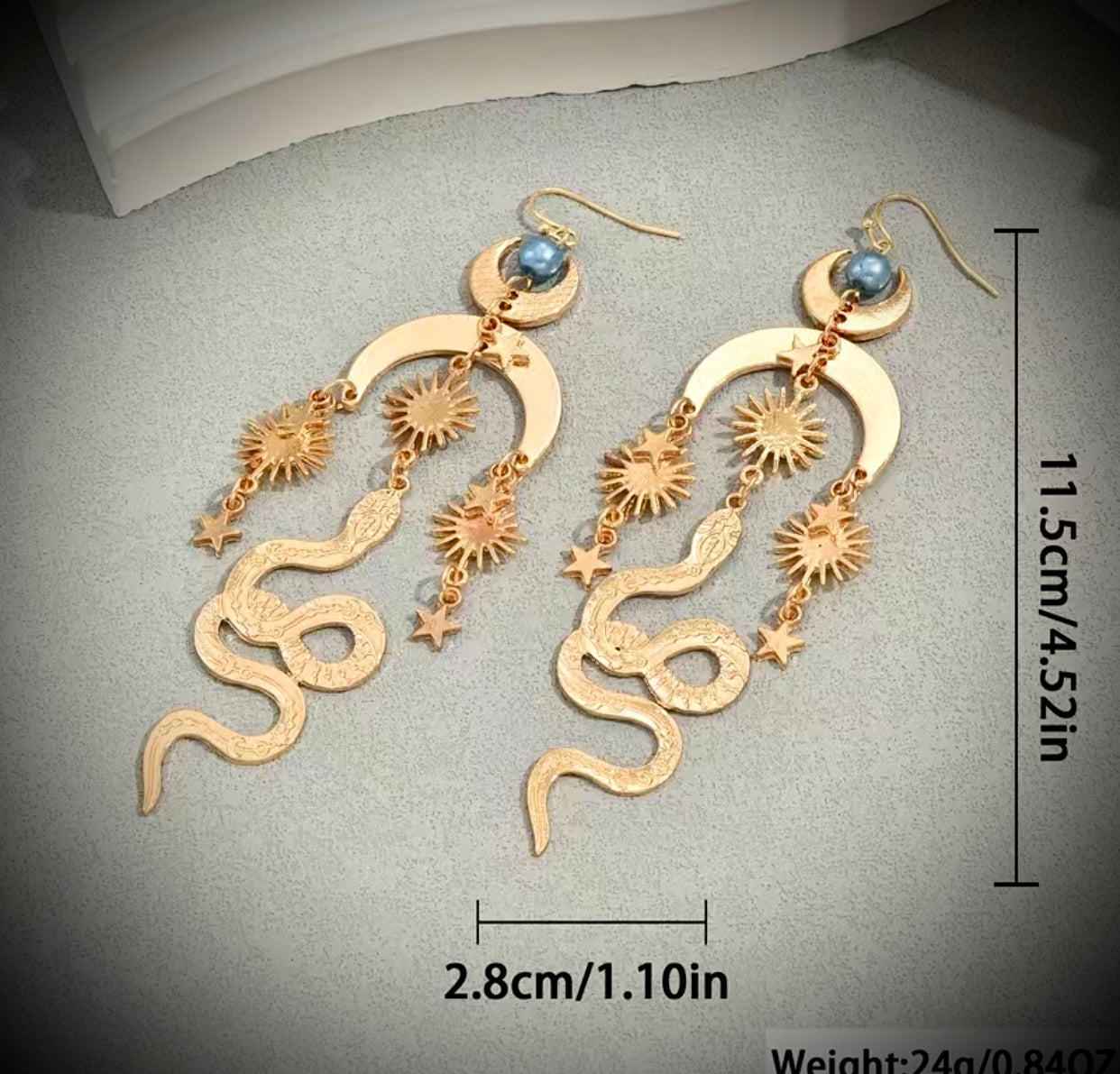Star Moon Golden Snake Dangle Earrings