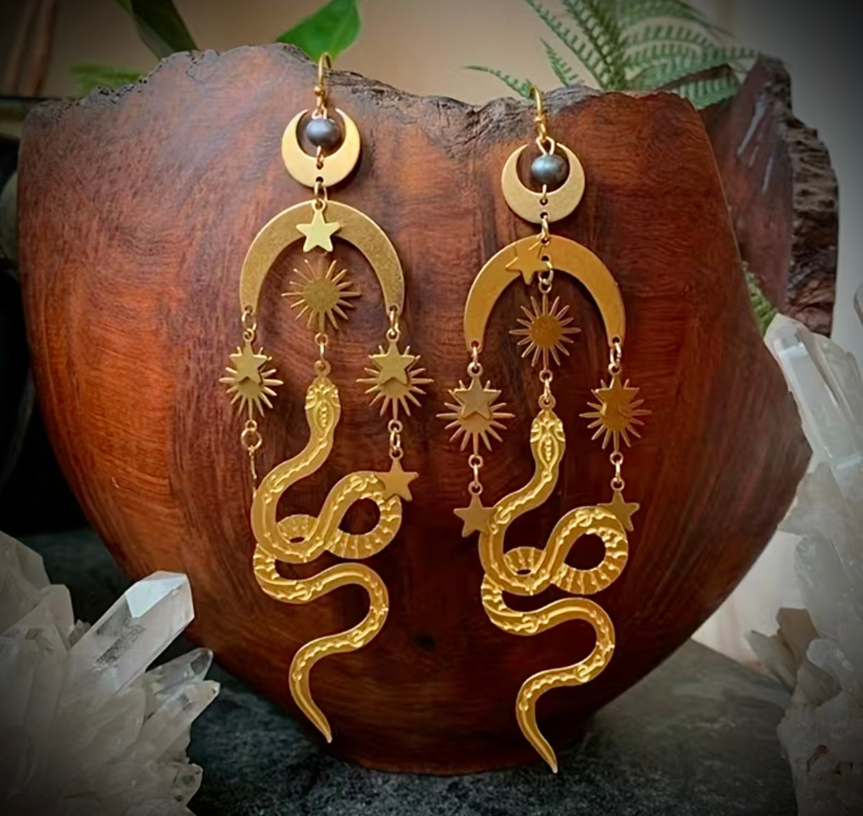 Star Moon Golden Snake Dangle Earrings