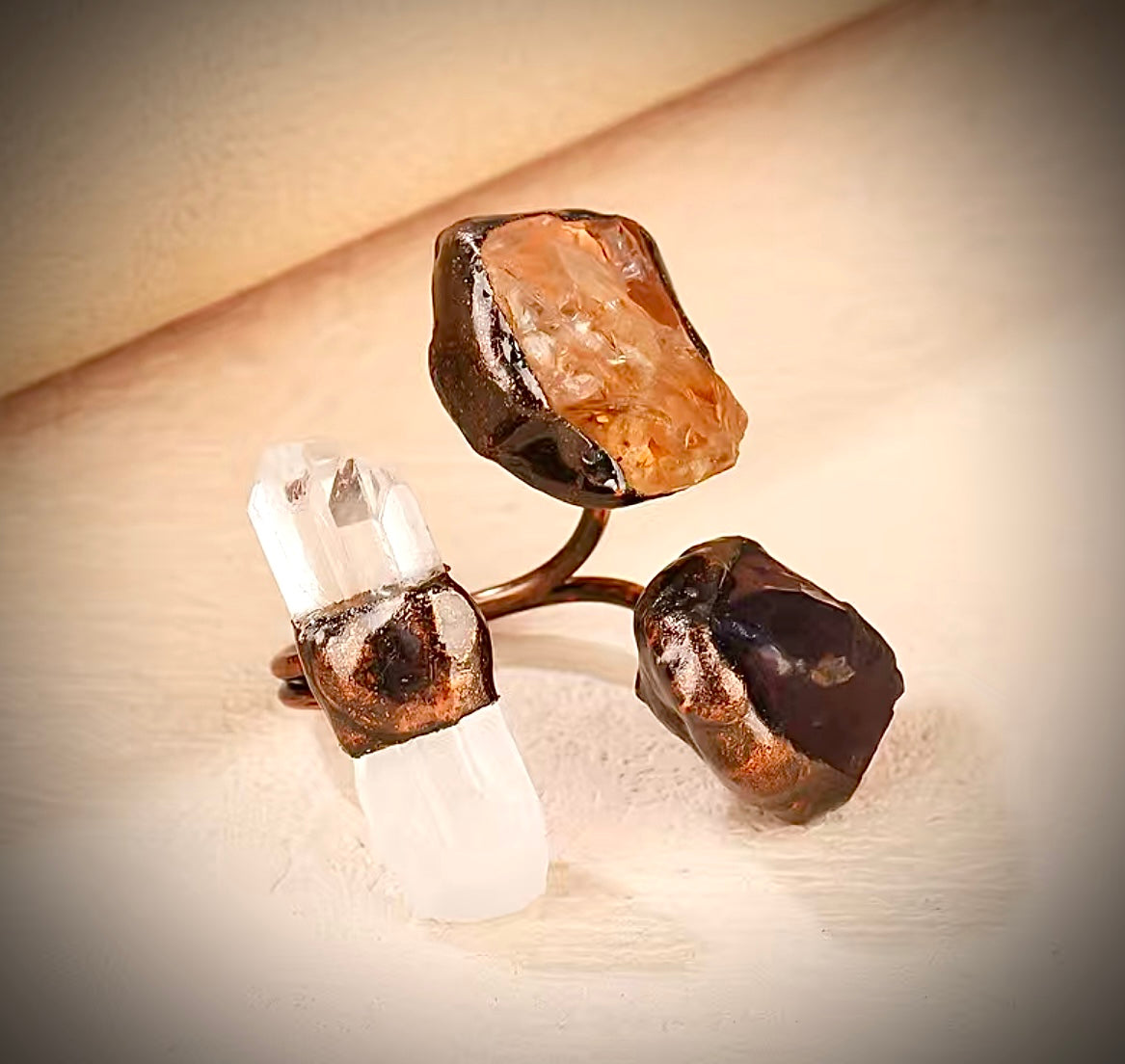 Raw White Crystal~Amethyst ~Topaz Ring