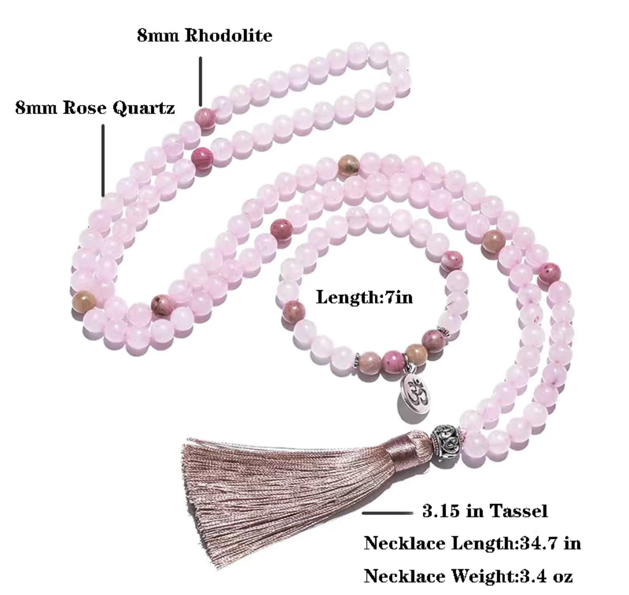 Rose Quartz 108 Mala Necklace & Bracelet Set